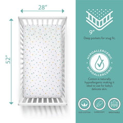 Featherhead 2-pack fitted crib sheets on crib mattress, secure fit with deep pockets.