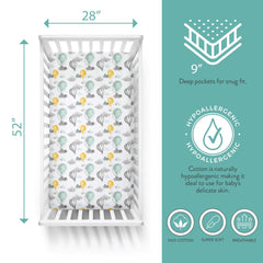 Featherhead secure-fit crib sheet edge with 9-inch drop keeping corners in place