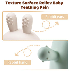 FEISCS Easter Bunny Teether on baby's hand helps reach back teeth.