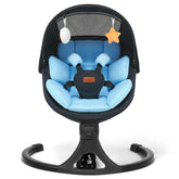 Feitiong baby swing blue front view shows compact, safe frame with plush, supportive seat.