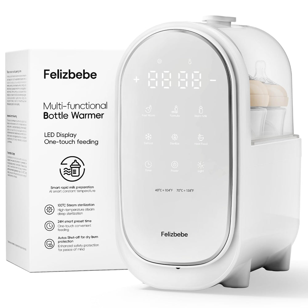 Felizbebe bottle warmer front view with dual bottles for quick feeding sessions