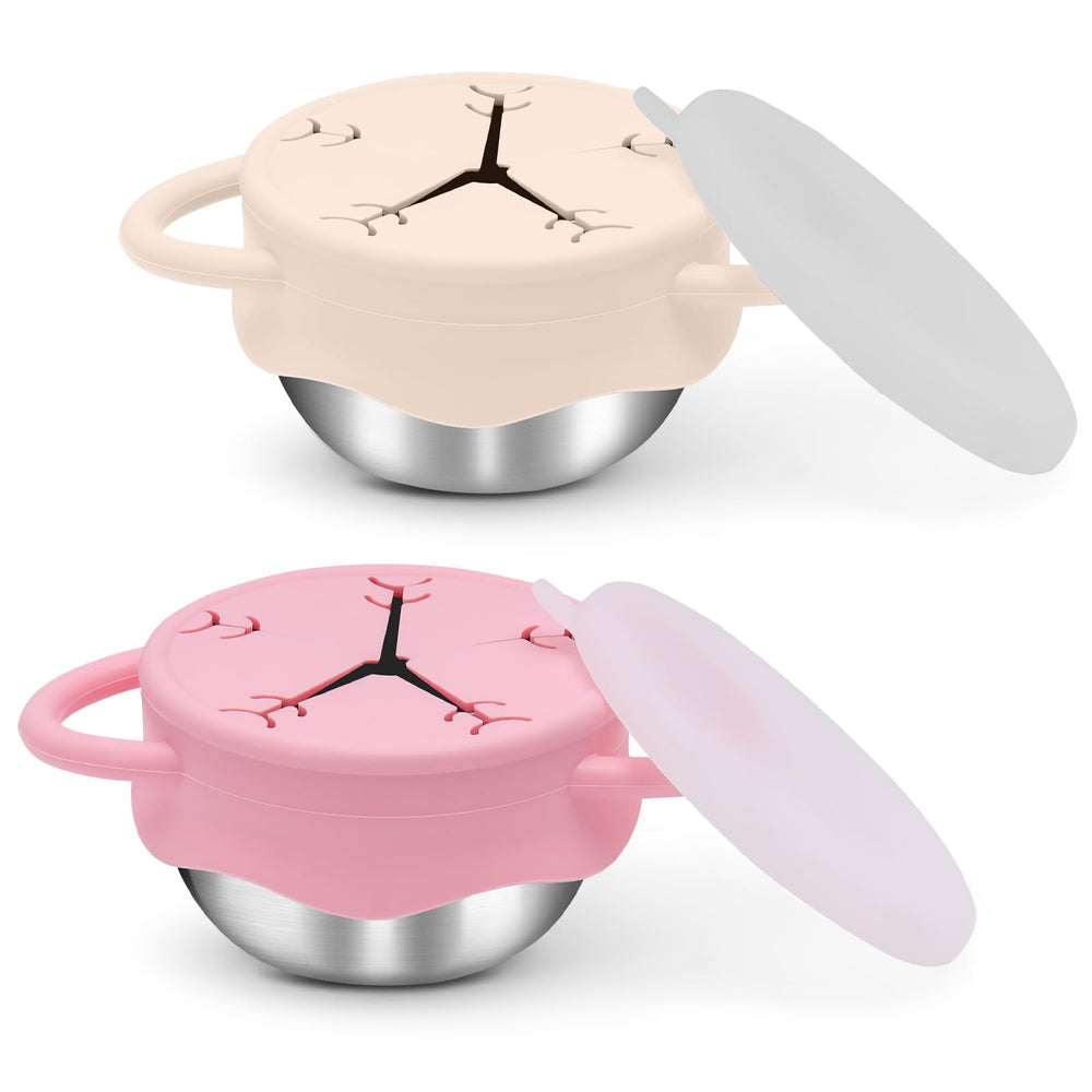 FHskFH toddler snack cups 2-pack show stainless steel durability for mess-free snacking at home.