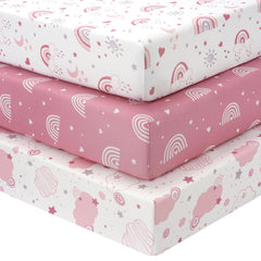 FIEMOL Baby Mini Crib Sheets pink rainbow print for soft, gentle sleep