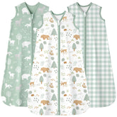 FIEMOL baby sleep sack in green forest bear fabric highlights breathable 100% cotton comfort.