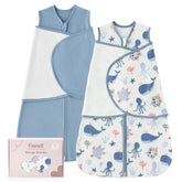 FIEMOL Baby Swaddle Sleep Sack blue whale design promotes calm sleep with breathable cotton.