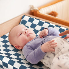 FIGEPO checkered baby sheets laid flat showing universal fit and durable color.