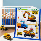 FIGEPO construction theme crib comforter close-up shows soft cotton for cozy naps.