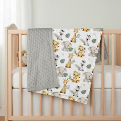 FIGEPO Safari Jungle Animals Baby Blanket - nursery shot illustrates cozy sleep space in crib.