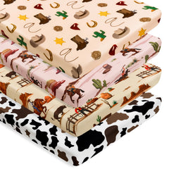 FIGEPO Western Cowboy crib sheets flatlay showing soft breathable fabric for baby comfort.