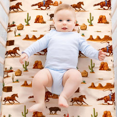 FIGEPO Western Cowboy crib sheets in nursery decor setup for gender-neutral aesthetic.