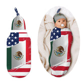 Figtihw American-Mexican flag swaddle blanket on baby, cozy patriotic photo-ready design