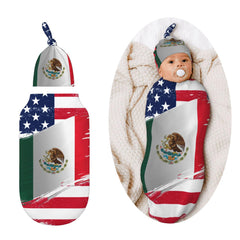 Figtihw American-Mexican flag swaddle blanket on baby, cozy patriotic photo-ready design