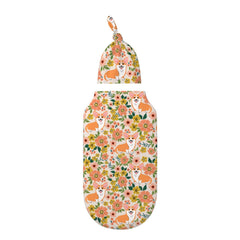 Figtihw dog-pattern swaddle blanket laid flat for showcasing design and size