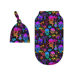 Figtihw Mushroom Skull Swaddle Blanket closeup shows soft, elastic fabric.