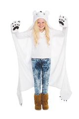 Fin Fun Polar Bear hooded blanket close-up pocket paws for cozy playtime.