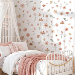 Finpletai boho flower wall decals with daisies for a cozy nursery ambiance.