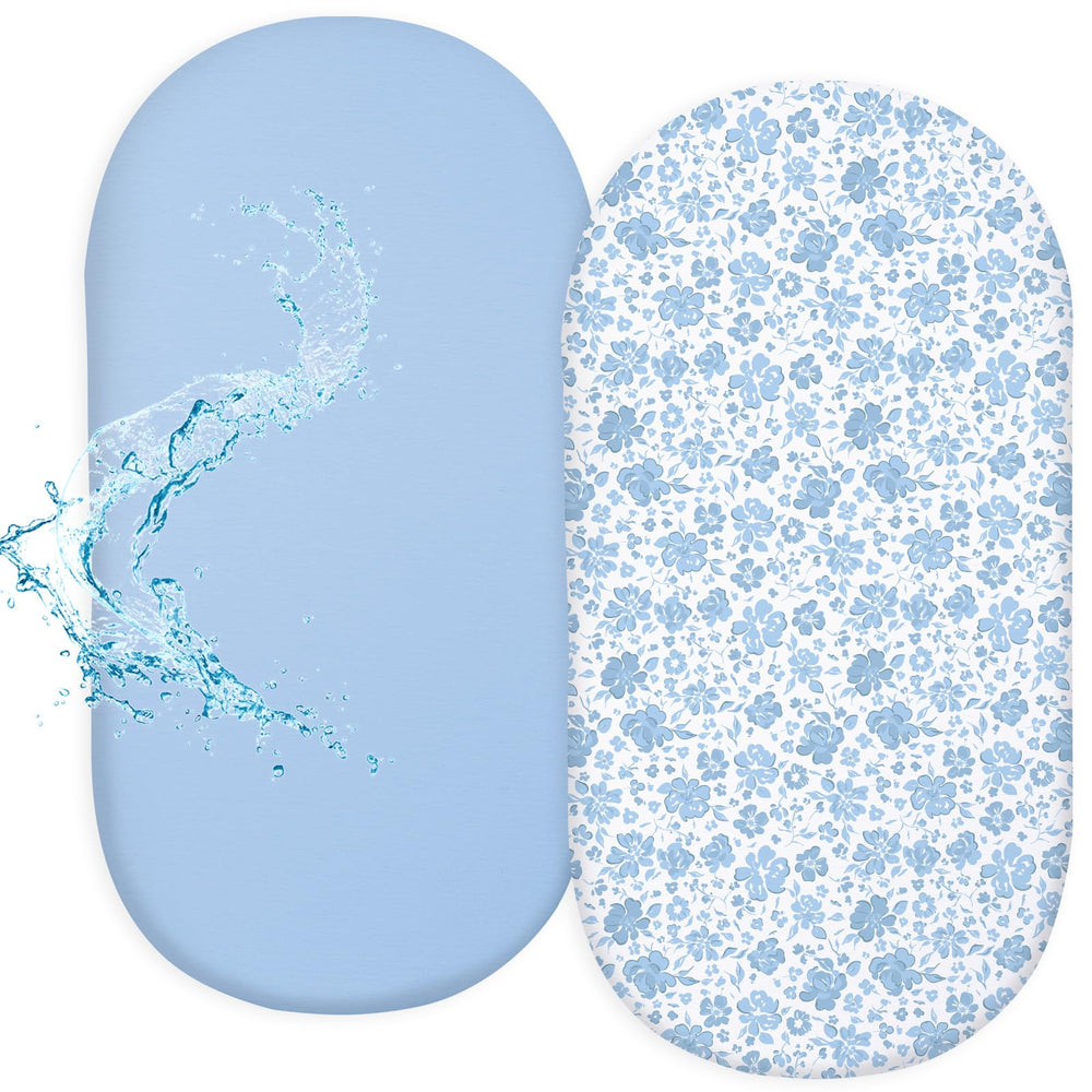 Fiobee bassinet sheets blue pack front view for quick changes