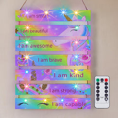 FIOBEE rainbow unicorn wall art with LED lighting creates a cozy teen study nook.