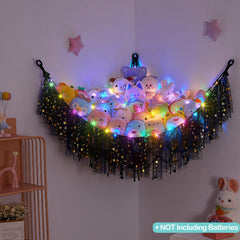 FIOBEE toy organizer net hung in a corner saves floor space.