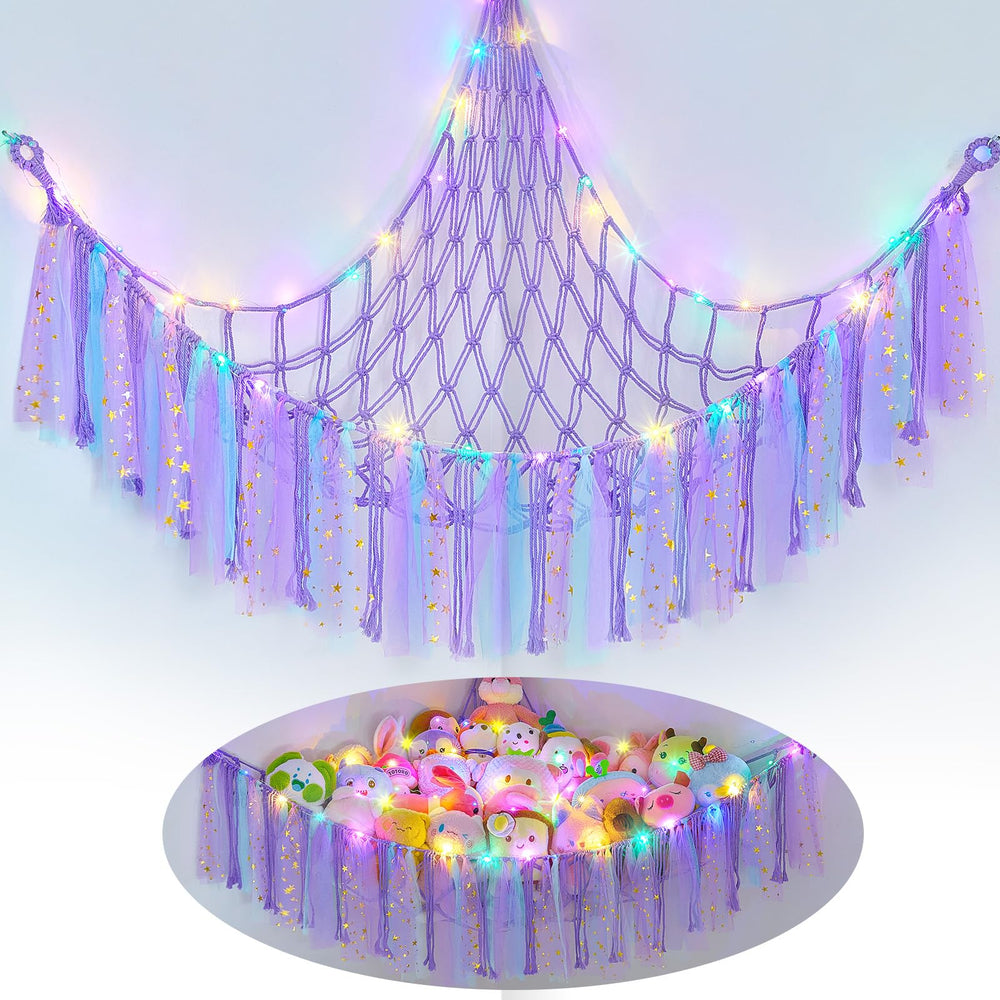 FIOBEE stuffed animals hammock hanging in a nursery showing space-saving storage