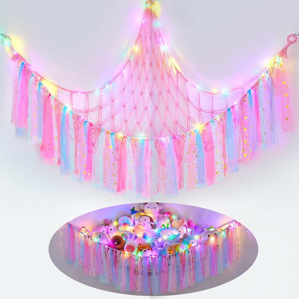 Fiobee stuffed animals hammock with LED light in a cozy nursery corner