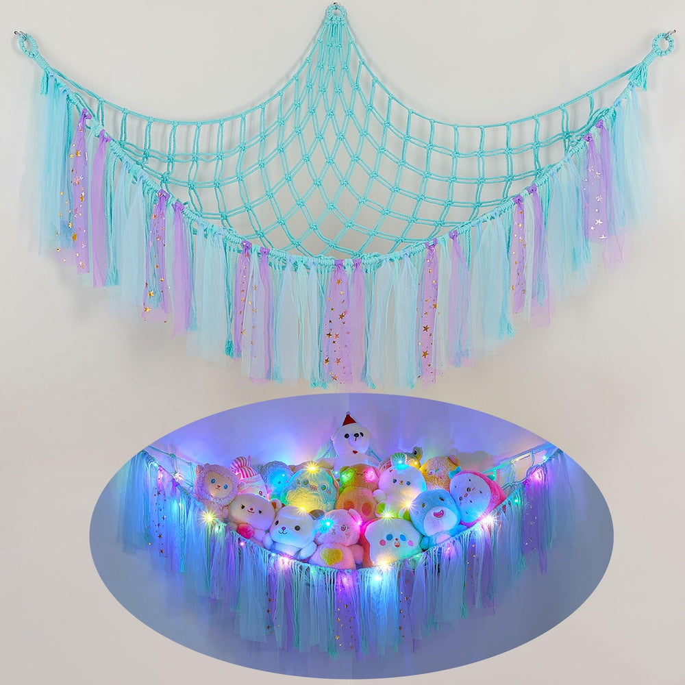 FIOBEE stuffed animals hammock with LED light brightens a child's room while organizing plush toys