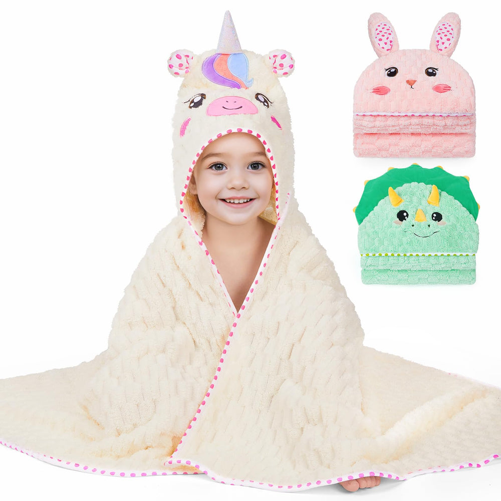 fiobee toddler hooded towel with unicorn design dries after bath