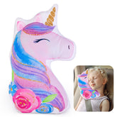 FIODAY unicorn seatbelt cover for kids provides cozy travel pillow in purple-blue.