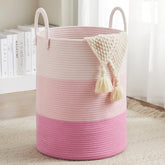 Fiona's magic cotton rope laundry hamper pink front-view showing ample capacity for linens.
