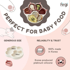 Firgi Meow plate with four detachable bowls supports varied textures and quick portioning.