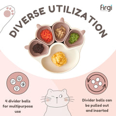 Firgi Meow suction plate in use on a high chair, strong base reduces spills.