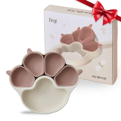 Firgi Meow taupe divided plate close-up shows sectioned design for easy portioning and mess control.