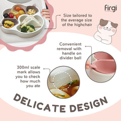 Firgi Meow toddler mealtime scene highlights self-feeding-friendly design and non-toxic silicone.