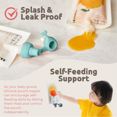 Firgi spill-proof pouch topper prevents leaks during on-the-go feeds.