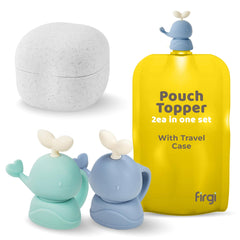 Firgi Whale SoftSip Topper two-pack in mint and blue, spill-prevention feeding aid.