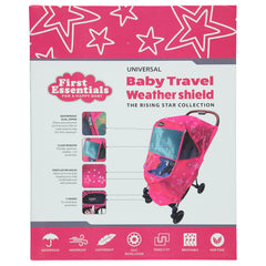 First Essentials pink rain cover fully deployed to shield from rain