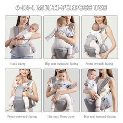 Fisca baby-carrier front view outward-facing with hip-seat demonstrates adjustable positions for growing babies.