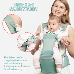 Fisca hip-seat front carry highlights natural hip position and support.