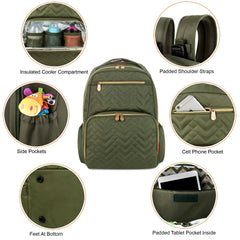 Fisher-Price Baby Morgan Quilted Backpack Olive side pocket view showcasing water bottle storage