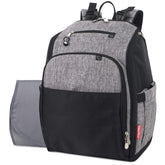 Fisher-Price diaper bag grey backpack front view with organized pockets for quick bottle access.