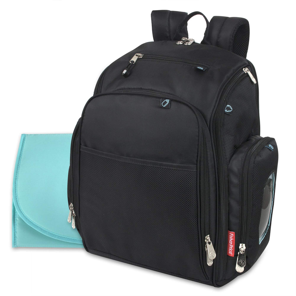 Fisher-Price Kaden diaper bag front pocket with insulated bottles for on-the-go feeding.
