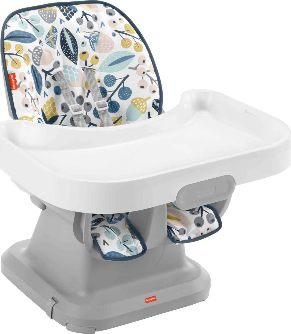 Fisher-Price SpaceSaver high chair navy foliage front view—compact design for small spaces.