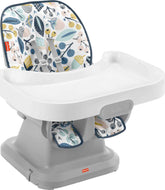 Fisher-Price SpaceSaver high chair navy foliage front view—compact design for small spaces.