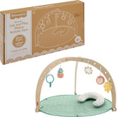 Fisher-Price wood playmat frame showing FSC-certified frame for sturdy newborn play