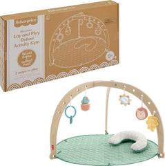 Fisher-Price wood playmat frame showing FSC-certified frame for sturdy newborn play