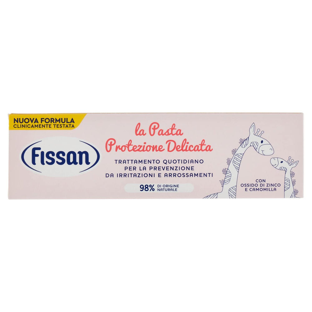 Fissan Pasta del 100ml tube closeup highlights a gentle formula for sensitive skin protection.