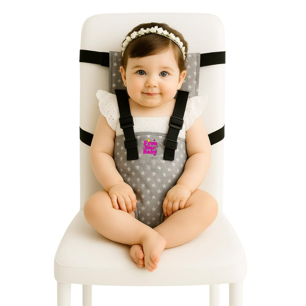 FIVESTARBABY portable chair strap in-use keeps baby secure during meals at the table