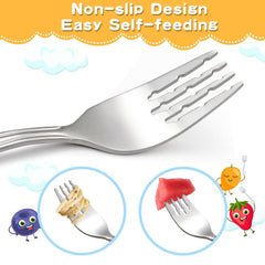 Fiwarex 8-piece toddler utensils animal character engraving adds playful mealtime appeal.