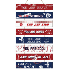 Fiwochic baseball wall decor eight plaque set in denim blue and red energizes teen rooms.