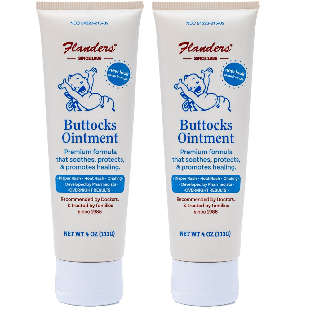 Flanders Buttocks Ointment tube front on a clean surface for quick diaper rash relief.